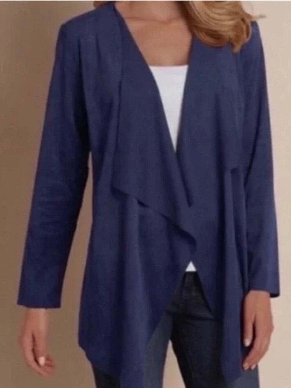 Soft Surroundings Navy Faux Suede Drape Open Front Waterfall Cardigan Size L